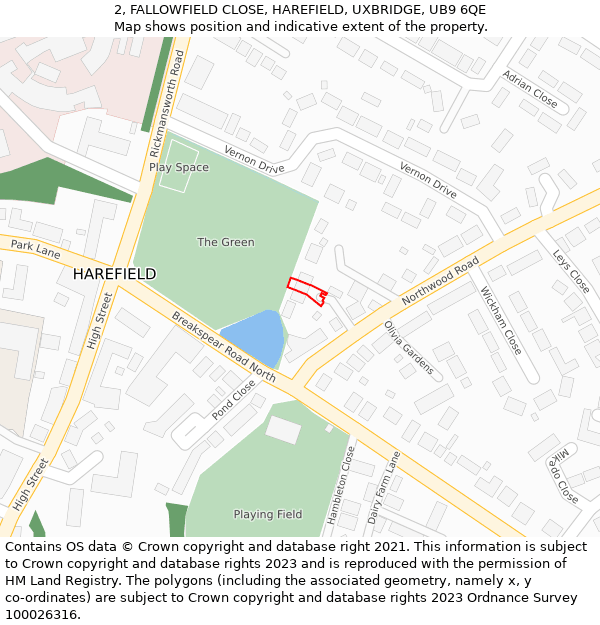 2, FALLOWFIELD CLOSE, HAREFIELD, UXBRIDGE, UB9 6QE: Location map and indicative extent of plot