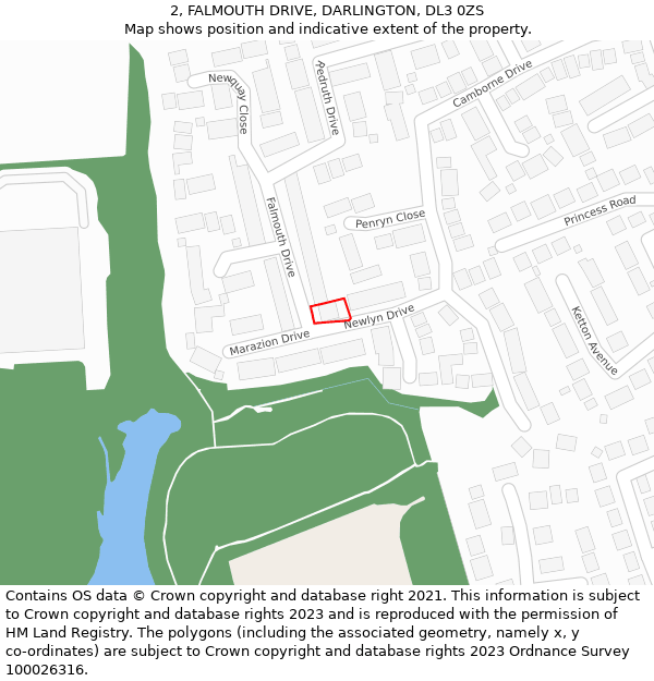 2, FALMOUTH DRIVE, DARLINGTON, DL3 0ZS: Location map and indicative extent of plot