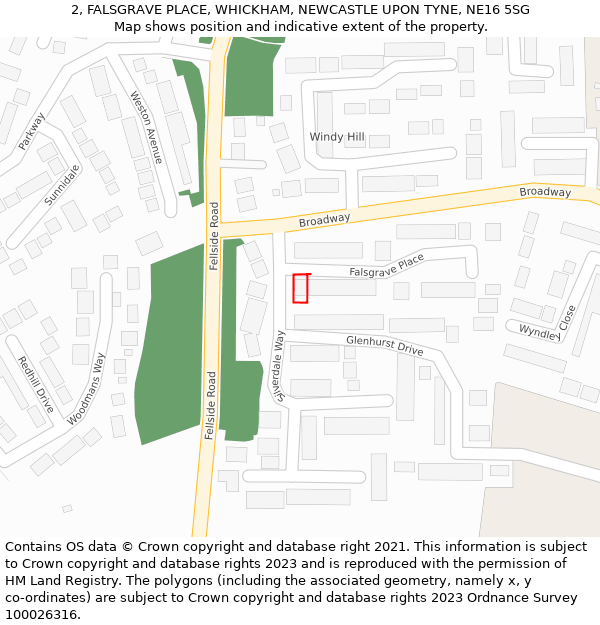 2, FALSGRAVE PLACE, WHICKHAM, NEWCASTLE UPON TYNE, NE16 5SG: Location map and indicative extent of plot