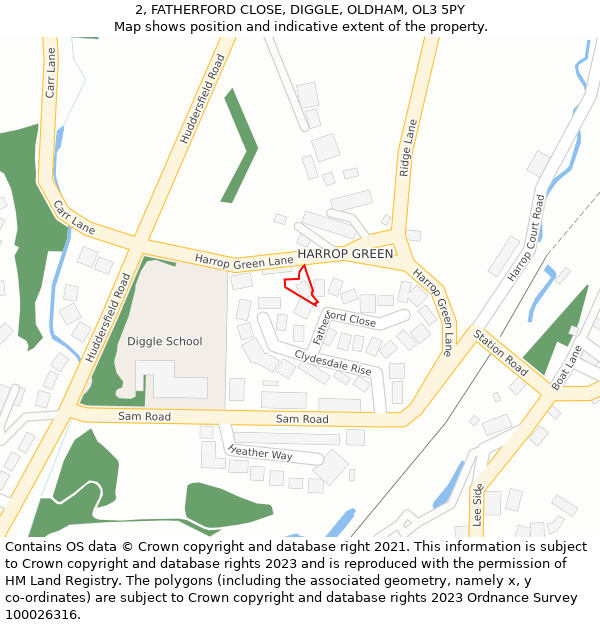 2, FATHERFORD CLOSE, DIGGLE, OLDHAM, OL3 5PY: Location map and indicative extent of plot