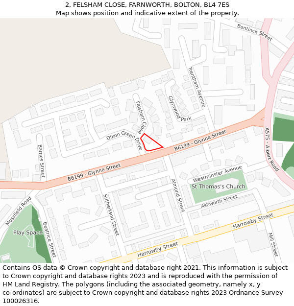 2, FELSHAM CLOSE, FARNWORTH, BOLTON, BL4 7ES: Location map and indicative extent of plot