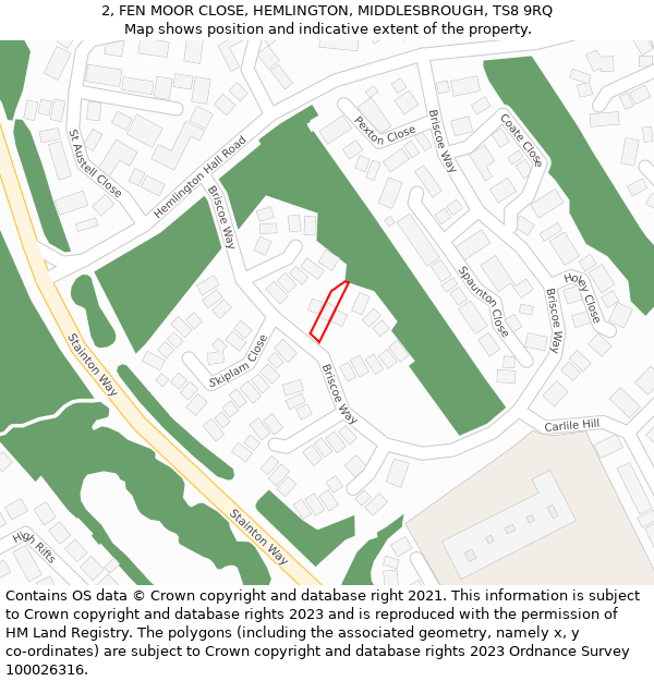 2, FEN MOOR CLOSE, HEMLINGTON, MIDDLESBROUGH, TS8 9RQ: Location map and indicative extent of plot