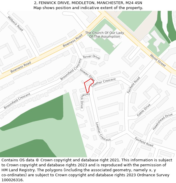 2, FENWICK DRIVE, MIDDLETON, MANCHESTER, M24 4SN: Location map and indicative extent of plot