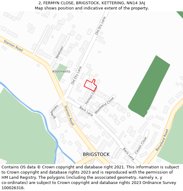 2, FERMYN CLOSE, BRIGSTOCK, KETTERING, NN14 3AJ: Location map and indicative extent of plot