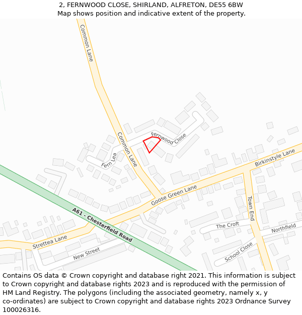 2, FERNWOOD CLOSE, SHIRLAND, ALFRETON, DE55 6BW: Location map and indicative extent of plot