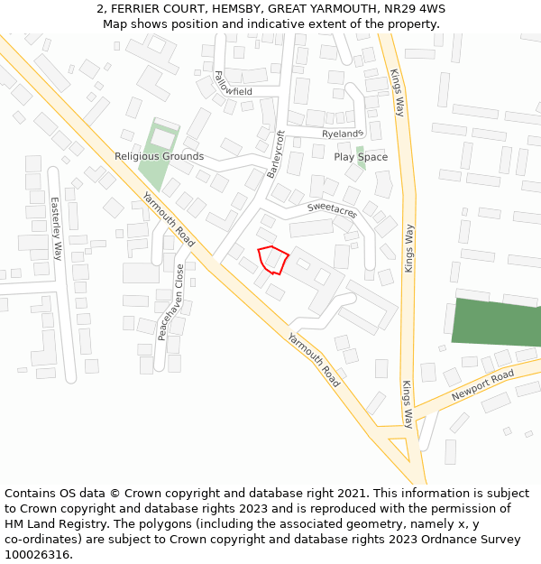 2, FERRIER COURT, HEMSBY, GREAT YARMOUTH, NR29 4WS: Location map and indicative extent of plot