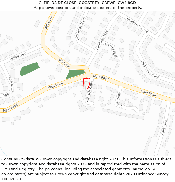 2, FIELDSIDE CLOSE, GOOSTREY, CREWE, CW4 8GD: Location map and indicative extent of plot