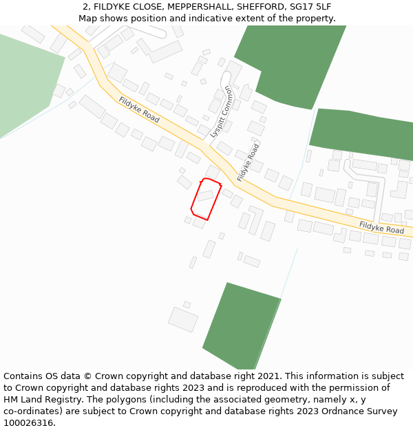 2, FILDYKE CLOSE, MEPPERSHALL, SHEFFORD, SG17 5LF: Location map and indicative extent of plot