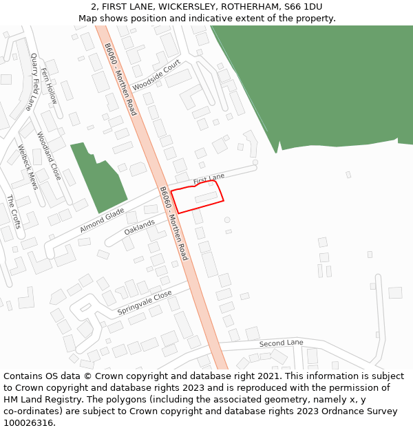 2, FIRST LANE, WICKERSLEY, ROTHERHAM, S66 1DU: Location map and indicative extent of plot