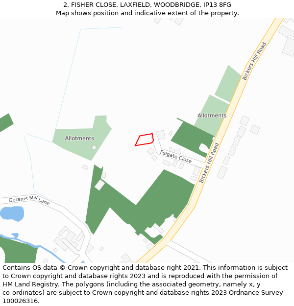 2, FISHER CLOSE, LAXFIELD, WOODBRIDGE, IP13 8FG: Location map and indicative extent of plot