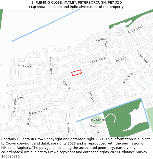 2, FLEMING CLOSE, YAXLEY, PETERBOROUGH, PE7 3ZD: Location map and indicative extent of plot