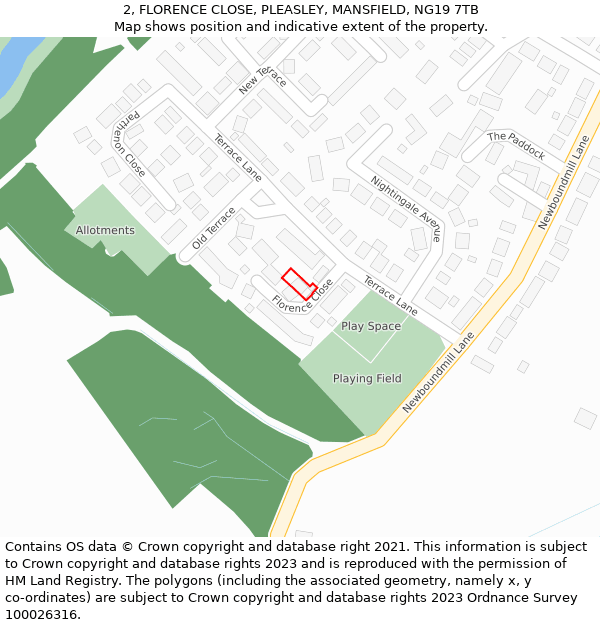 2, FLORENCE CLOSE, PLEASLEY, MANSFIELD, NG19 7TB: Location map and indicative extent of plot
