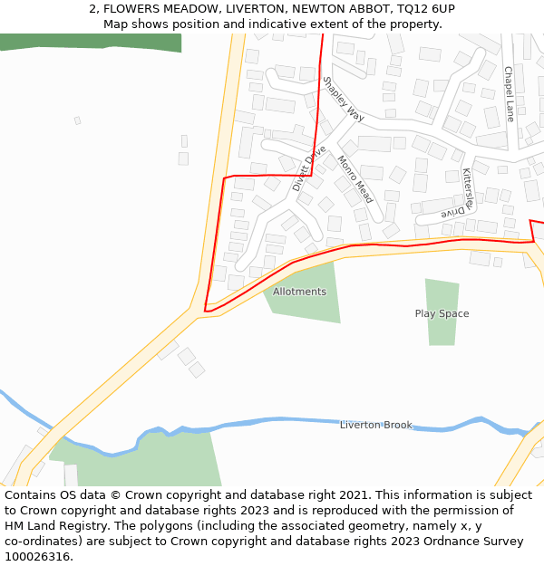 2, FLOWERS MEADOW, LIVERTON, NEWTON ABBOT, TQ12 6UP: Location map and indicative extent of plot