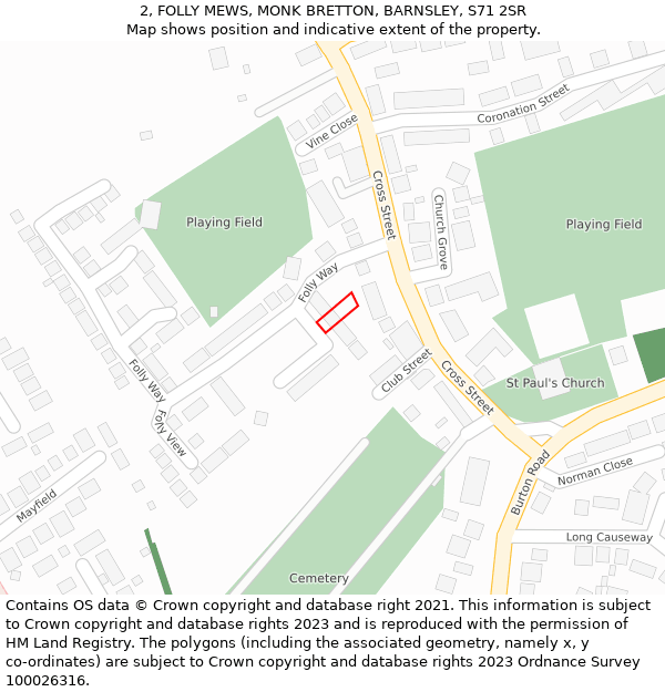 2, FOLLY MEWS, MONK BRETTON, BARNSLEY, S71 2SR: Location map and indicative extent of plot