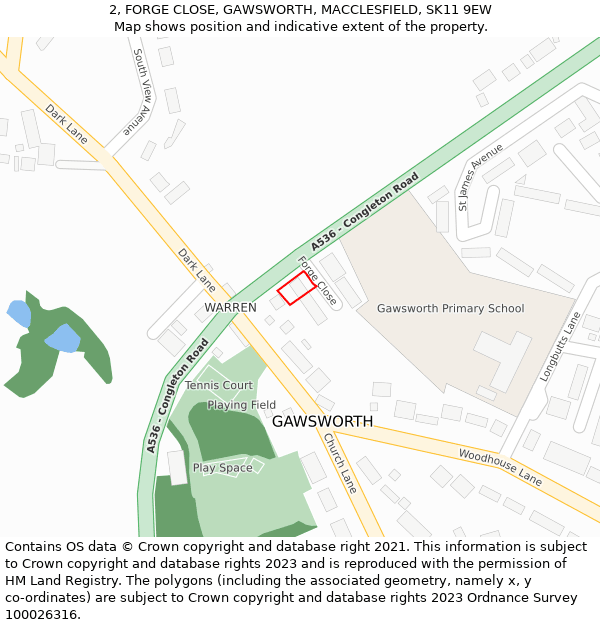 2, FORGE CLOSE, GAWSWORTH, MACCLESFIELD, SK11 9EW: Location map and indicative extent of plot