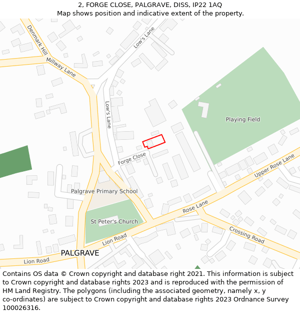 2, FORGE CLOSE, PALGRAVE, DISS, IP22 1AQ: Location map and indicative extent of plot