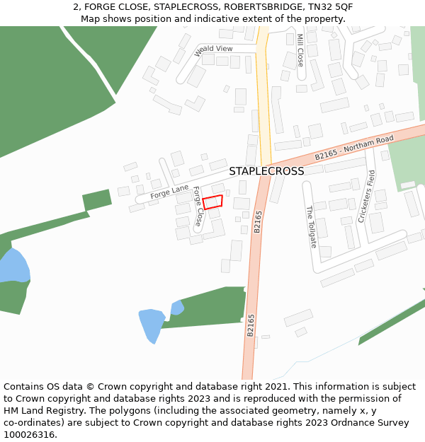 2, FORGE CLOSE, STAPLECROSS, ROBERTSBRIDGE, TN32 5QF: Location map and indicative extent of plot