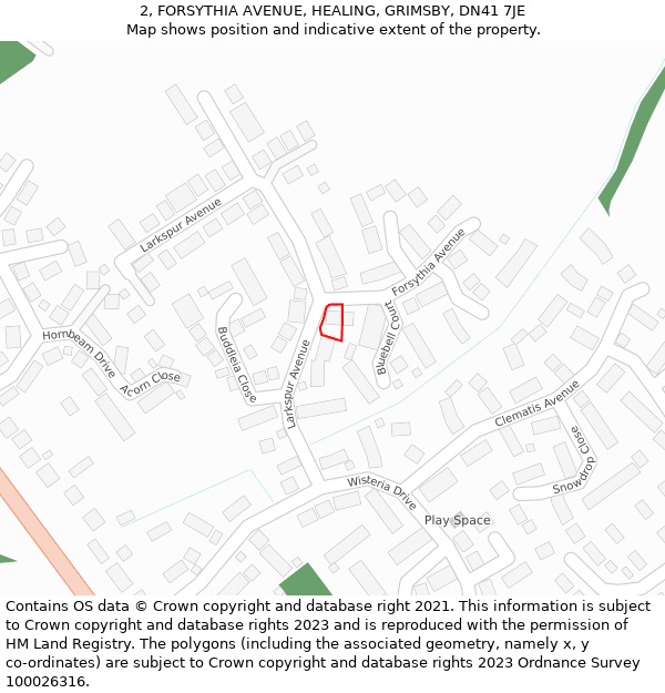 2, FORSYTHIA AVENUE, HEALING, GRIMSBY, DN41 7JE: Location map and indicative extent of plot