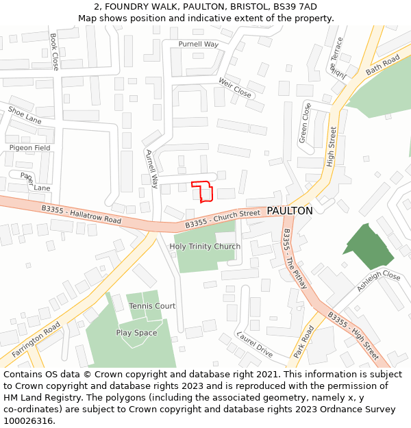 2, FOUNDRY WALK, PAULTON, BRISTOL, BS39 7AD: Location map and indicative extent of plot