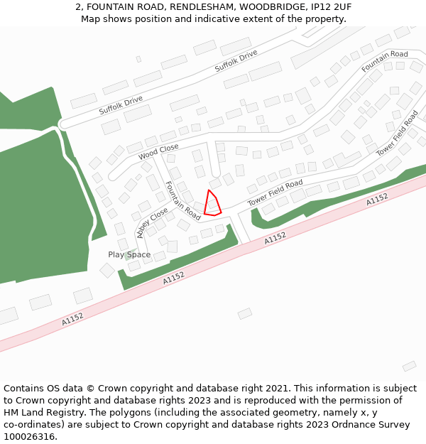 2, FOUNTAIN ROAD, RENDLESHAM, WOODBRIDGE, IP12 2UF: Location map and indicative extent of plot