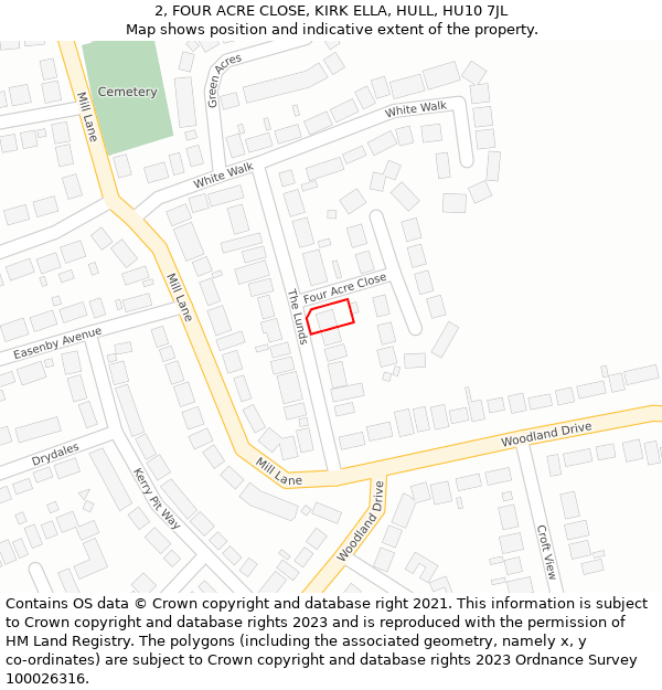 2, FOUR ACRE CLOSE, KIRK ELLA, HULL, HU10 7JL: Location map and indicative extent of plot