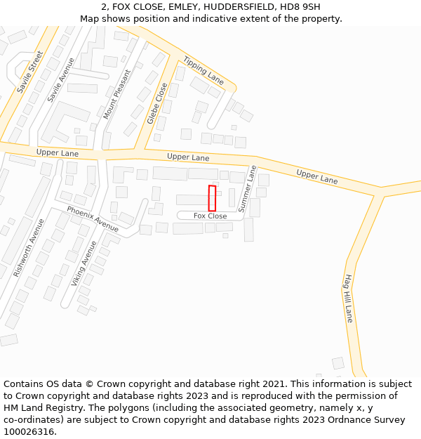 2, FOX CLOSE, EMLEY, HUDDERSFIELD, HD8 9SH: Location map and indicative extent of plot