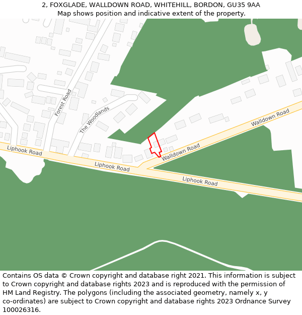 2, FOXGLADE, WALLDOWN ROAD, WHITEHILL, BORDON, GU35 9AA: Location map and indicative extent of plot