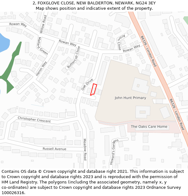 2, FOXGLOVE CLOSE, NEW BALDERTON, NEWARK, NG24 3EY: Location map and indicative extent of plot