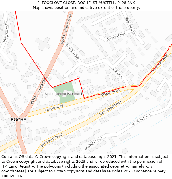 2, FOXGLOVE CLOSE, ROCHE, ST AUSTELL, PL26 8NX: Location map and indicative extent of plot