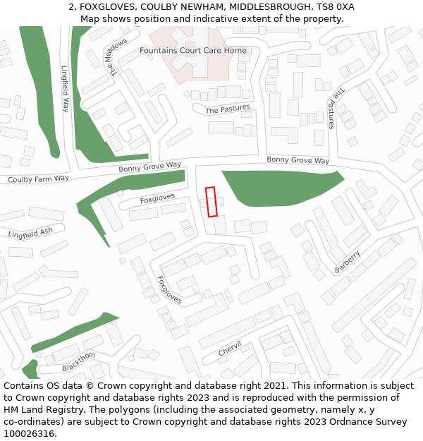 2, FOXGLOVES, COULBY NEWHAM, MIDDLESBROUGH, TS8 0XA: Location map and indicative extent of plot