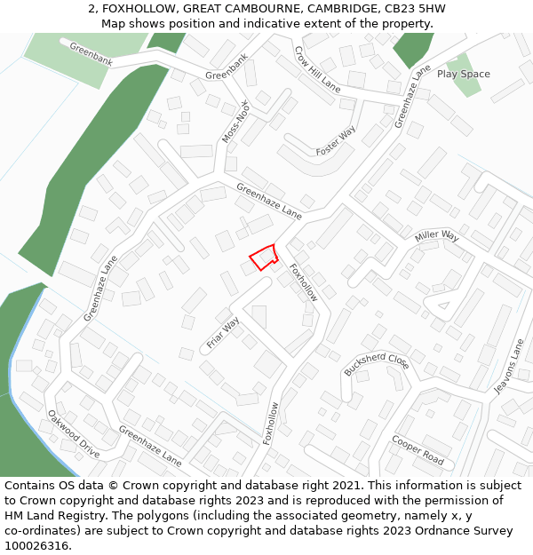 2, FOXHOLLOW, GREAT CAMBOURNE, CAMBRIDGE, CB23 5HW: Location map and indicative extent of plot