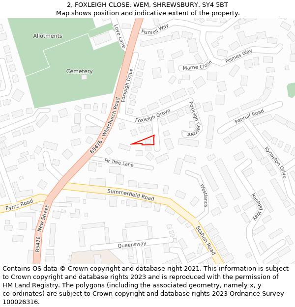 2, FOXLEIGH CLOSE, WEM, SHREWSBURY, SY4 5BT: Location map and indicative extent of plot