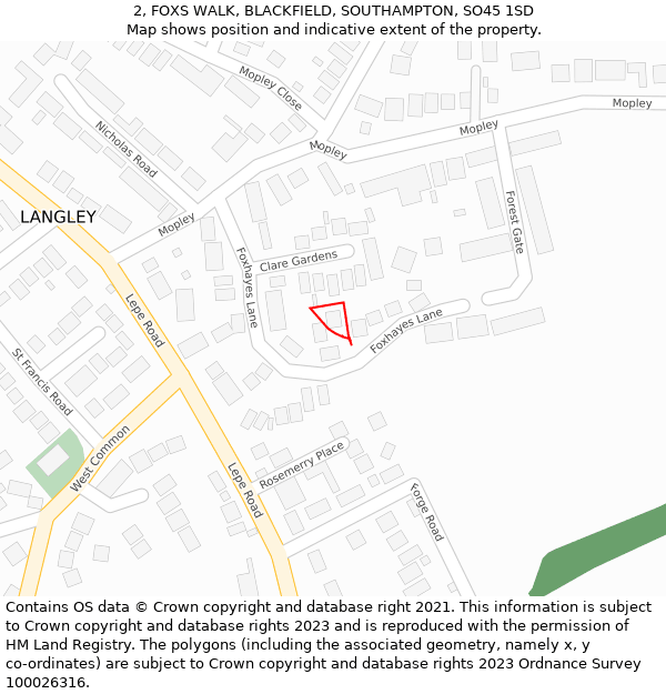 2, FOXS WALK, BLACKFIELD, SOUTHAMPTON, SO45 1SD: Location map and indicative extent of plot