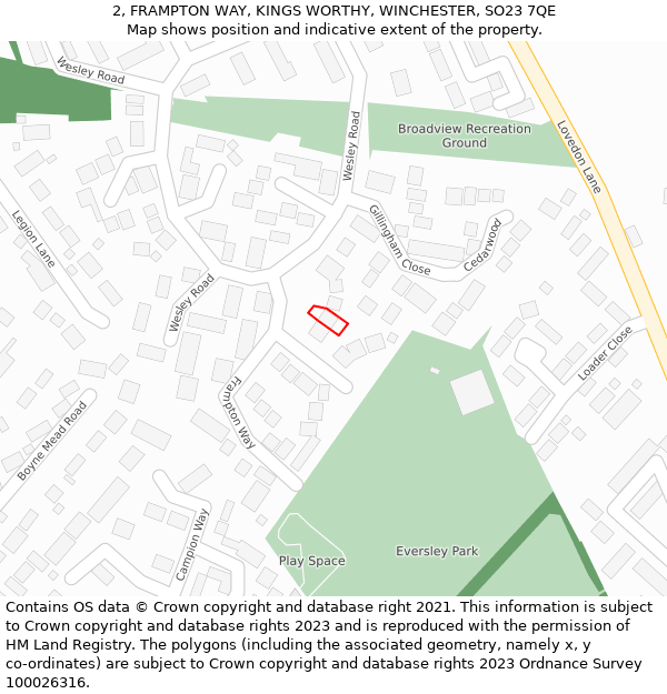 2, FRAMPTON WAY, KINGS WORTHY, WINCHESTER, SO23 7QE: Location map and indicative extent of plot