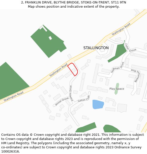 2, FRANKLIN DRIVE, BLYTHE BRIDGE, STOKE-ON-TRENT, ST11 9TN: Location map and indicative extent of plot