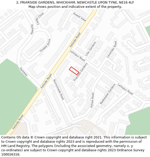 2, FRIARSIDE GARDENS, WHICKHAM, NEWCASTLE UPON TYNE, NE16 4LF: Location map and indicative extent of plot