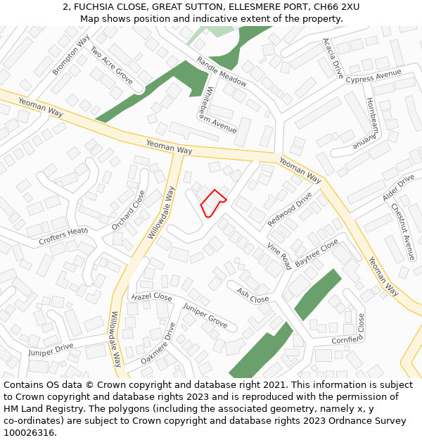 2, FUCHSIA CLOSE, GREAT SUTTON, ELLESMERE PORT, CH66 2XU: Location map and indicative extent of plot