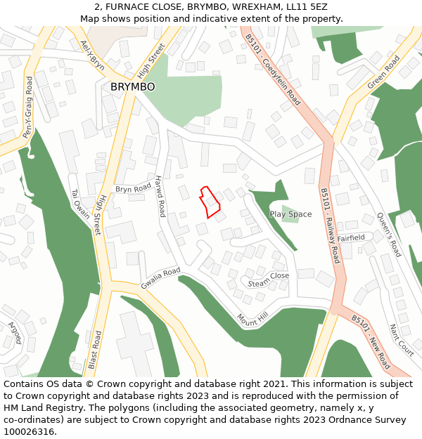 2, FURNACE CLOSE, BRYMBO, WREXHAM, LL11 5EZ: Location map and indicative extent of plot