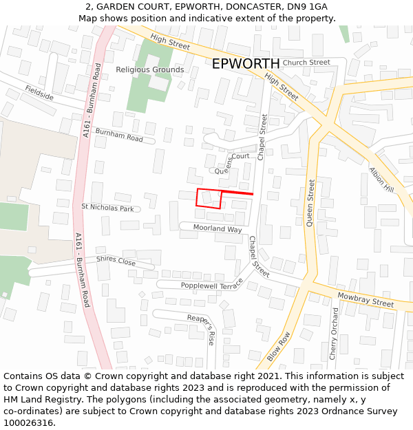 2, GARDEN COURT, EPWORTH, DONCASTER, DN9 1GA: Location map and indicative extent of plot