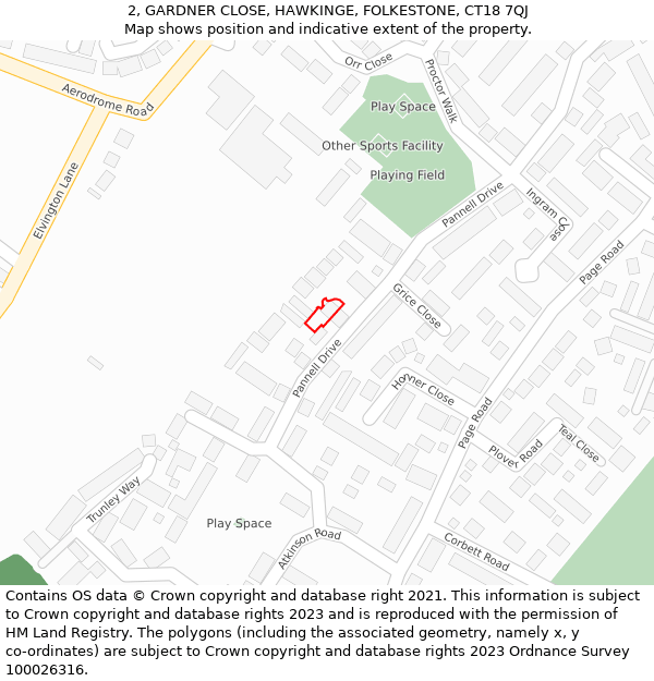 2, GARDNER CLOSE, HAWKINGE, FOLKESTONE, CT18 7QJ: Location map and indicative extent of plot