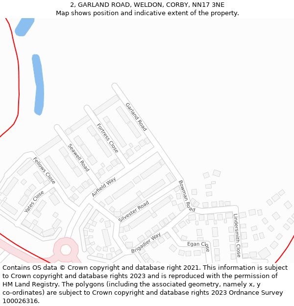 2, GARLAND ROAD, WELDON, CORBY, NN17 3NE: Location map and indicative extent of plot