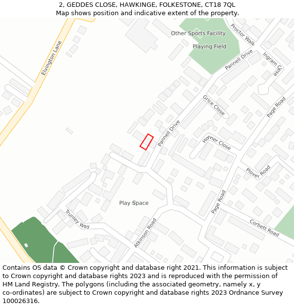 2, GEDDES CLOSE, HAWKINGE, FOLKESTONE, CT18 7QL: Location map and indicative extent of plot