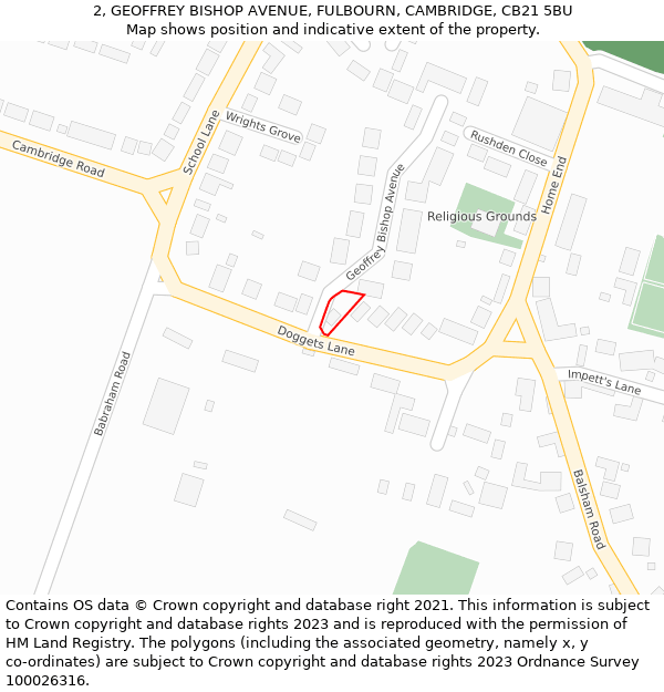 2, GEOFFREY BISHOP AVENUE, FULBOURN, CAMBRIDGE, CB21 5BU: Location map and indicative extent of plot