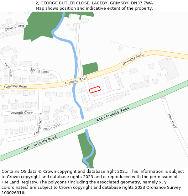 2, GEORGE BUTLER CLOSE, LACEBY, GRIMSBY, DN37 7WA: Location map and indicative extent of plot