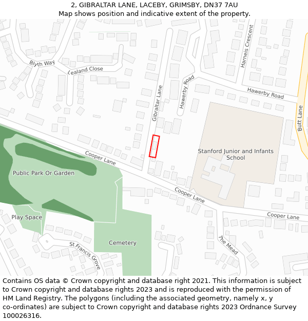 2, GIBRALTAR LANE, LACEBY, GRIMSBY, DN37 7AU: Location map and indicative extent of plot