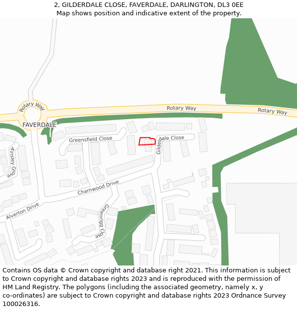 2, GILDERDALE CLOSE, FAVERDALE, DARLINGTON, DL3 0EE: Location map and indicative extent of plot