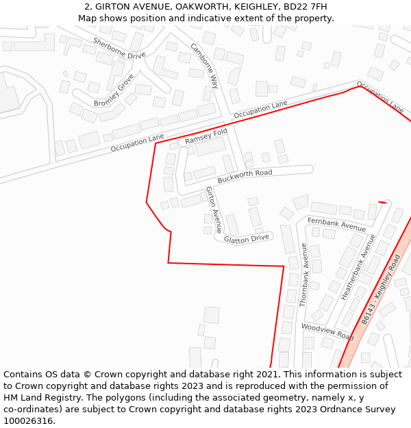 2, GIRTON AVENUE, OAKWORTH, KEIGHLEY, BD22 7FH: Location map and indicative extent of plot