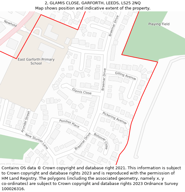 2, GLAMIS CLOSE, GARFORTH, LEEDS, LS25 2NQ: Location map and indicative extent of plot