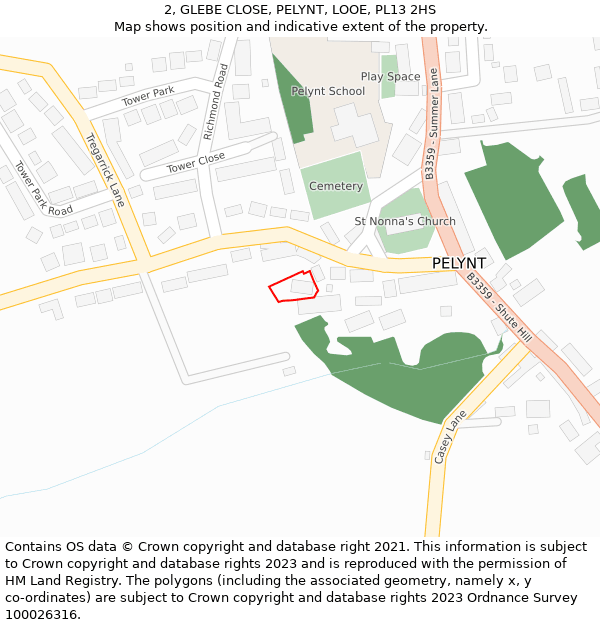 2, GLEBE CLOSE, PELYNT, LOOE, PL13 2HS: Location map and indicative extent of plot