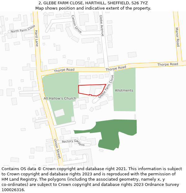 2, GLEBE FARM CLOSE, HARTHILL, SHEFFIELD, S26 7YZ: Location map and indicative extent of plot